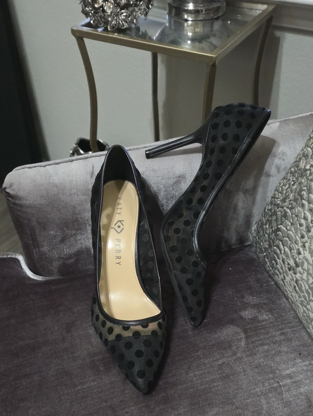 Katy Perry Collections Black Polka Dot Mesh Pointed Stiletto Pumps